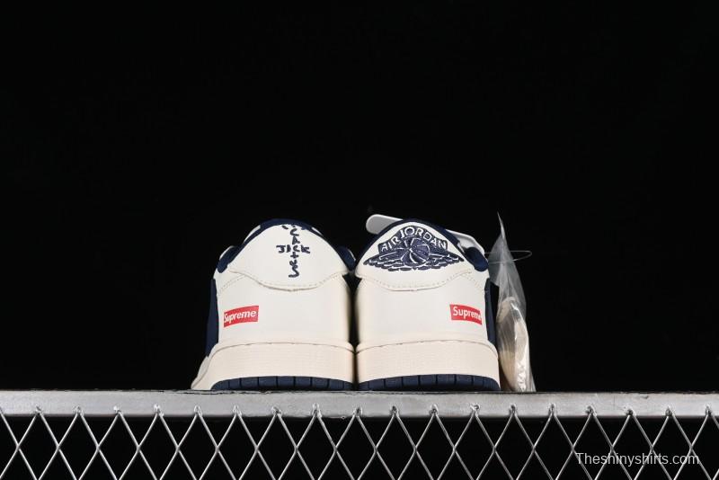 Nike Travis Scott x Fragment Design x Air Jordan 1 Low OG SP AJ1 Supreme Collaboration - White Navy Blue Low Top Casual Sneakers - XZ116