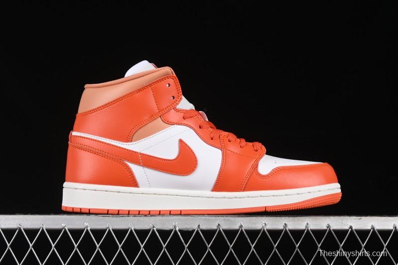 Nike Air Jordan 1 Mid Basketball Shoes in White and Orange Colorway - BQ6472-108