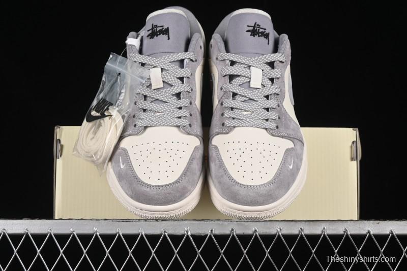 Nike Air Jordan 1 Low Stussy Collaboration - Light Bone Grey Dual-Tone Premium Custom Retro Basketball Shoes - SJ9950-045