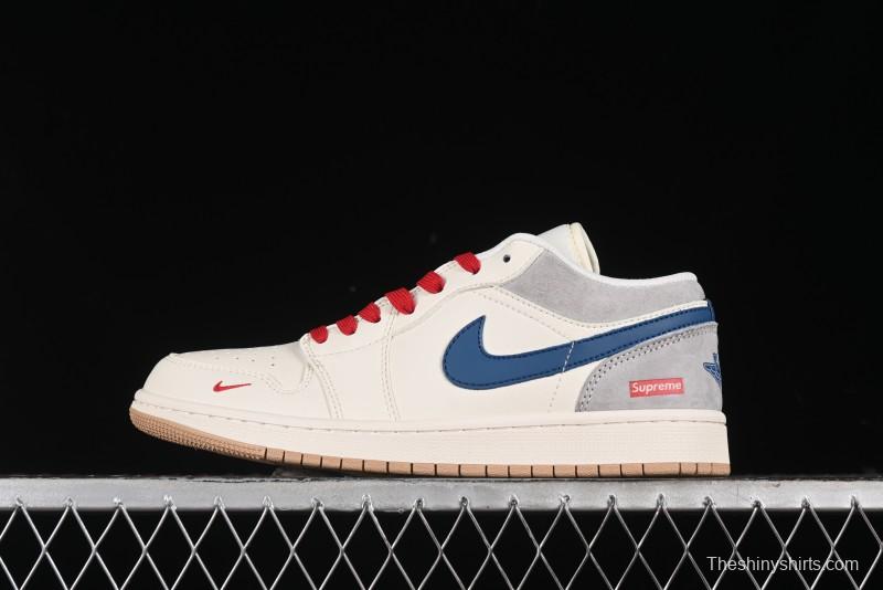 Nike Air Jordan 1 Low Supreme Collaboration - Retro Basketball Shoes in Blue and Gum Sole - SJ9950-022