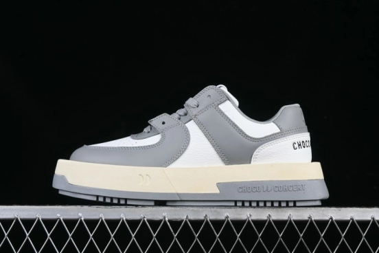 Choco Concert Leather Round Square Asymmetric Fashion Sneakers White Gray - AJE5