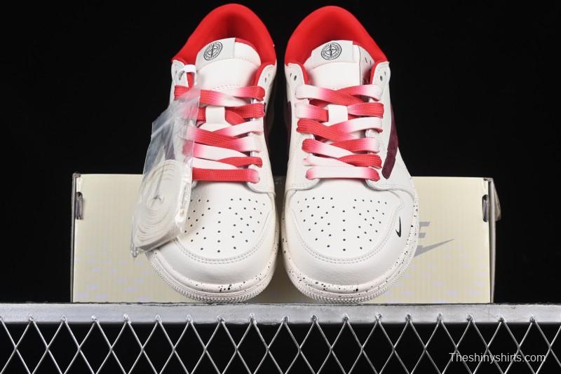 Nike Travis Scott x Fragment Design x Air Jordan 1 Low OG SP AJ1 Stone Island Collaboration Pomegranate Red Low-Top Casual Sneakers - CF3688-077