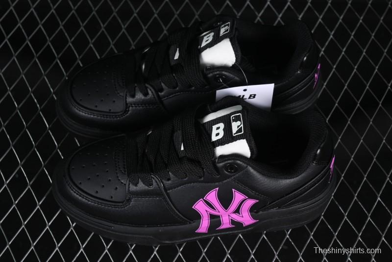 NY Yankees Black Leather Sneakers with Bold Pink Logo