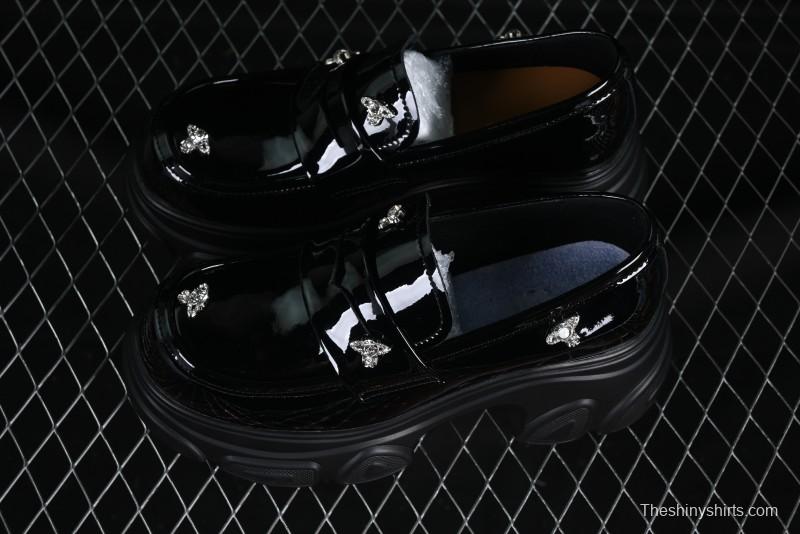 Black Patent Chunky Platform Loafers with Metal Embellishments