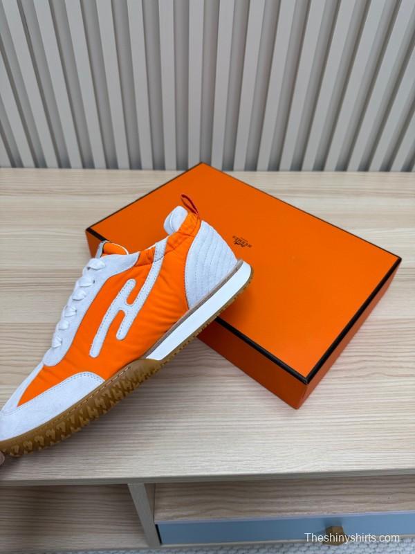 2025 Unisex Hermès White Orange Suede Mesh Sneakers KFY00300