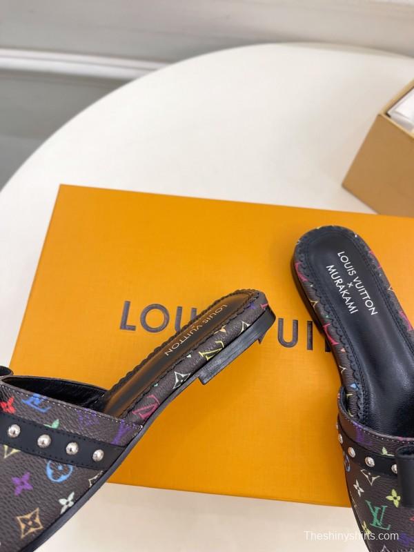2025 Slippers Louis Vuitton Black Multicolor Monogram Leather Bow KFY00290