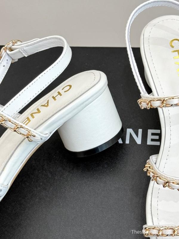 2025 Women Chanel White Leather Chain Strap Sandals