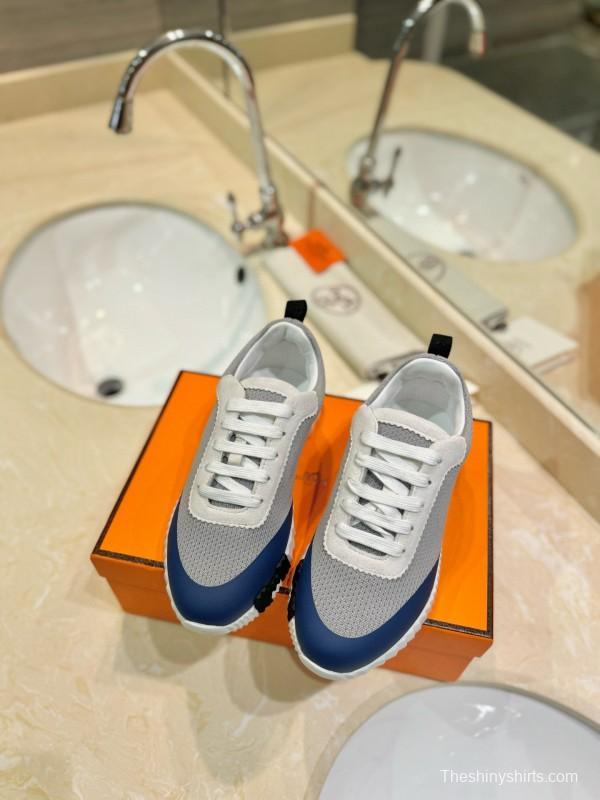 2024 Unisex Hermès Blue Grey Orange Suede Rain Cloth Sneakers MJ00320