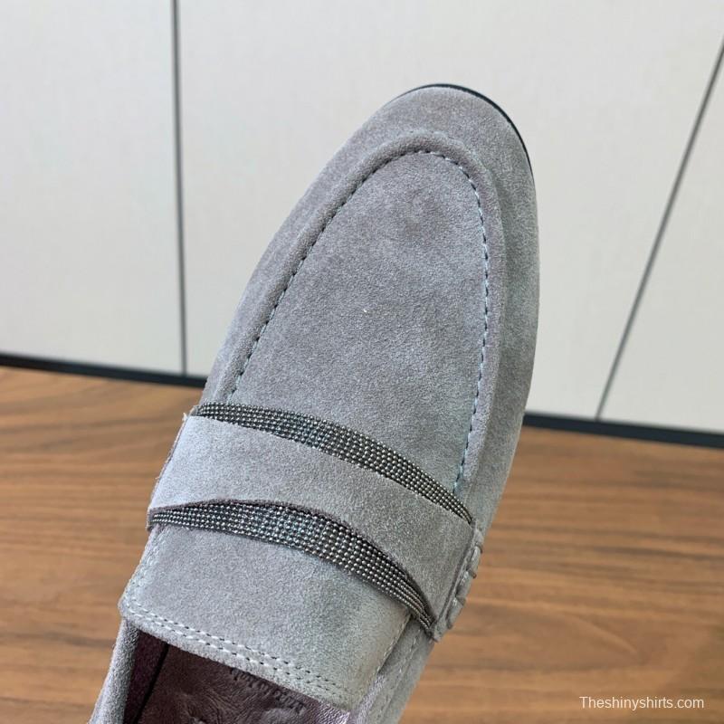 2025 Men Brunello Cucinelli Grey Suede Loafers Handcrafted Leather Sole KFY00300(M)