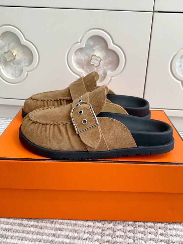 2025 Women Hermès Deep Brown Suede Mule Buckle KFY00290