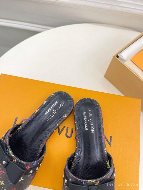2025 Slippers Louis Vuitton Black Leather Flat Bow MJ00290