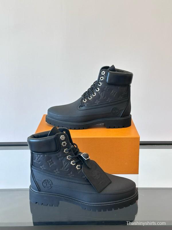 2024 Men Louis Vuitton Black Leather Monogram Work Boots MJ00390