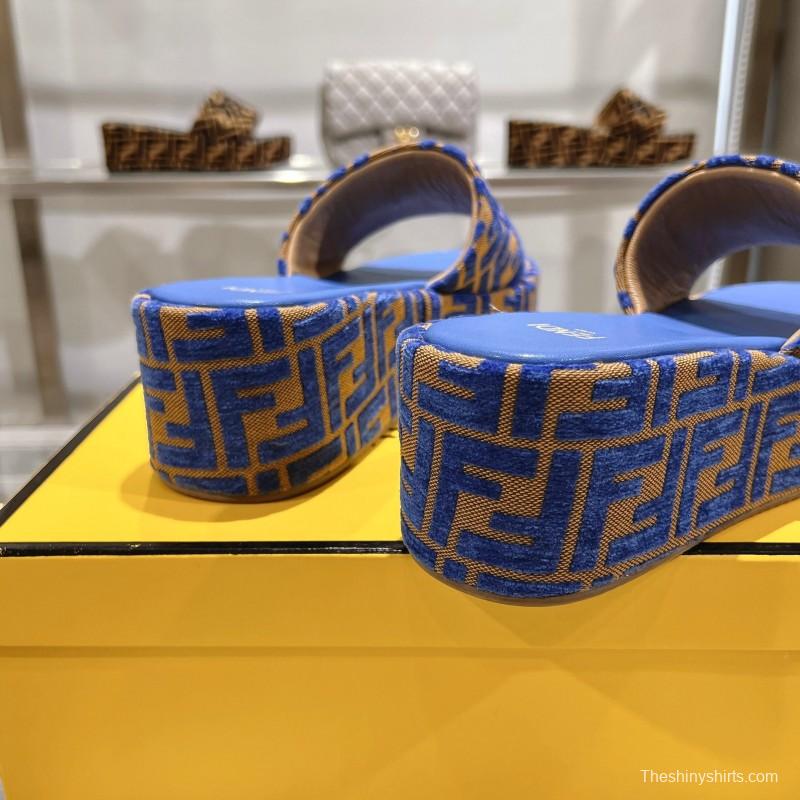 2025 Slippers Fendi Blue Brown Fabric FF Jacquard Platform