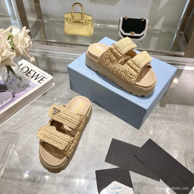 2025 Women Prada Beige Woven Leather Slippers LY