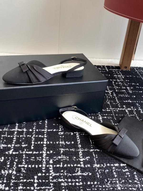 2025 Women Chanel Black Satin Silk Leather Sandals Bow KFY00289