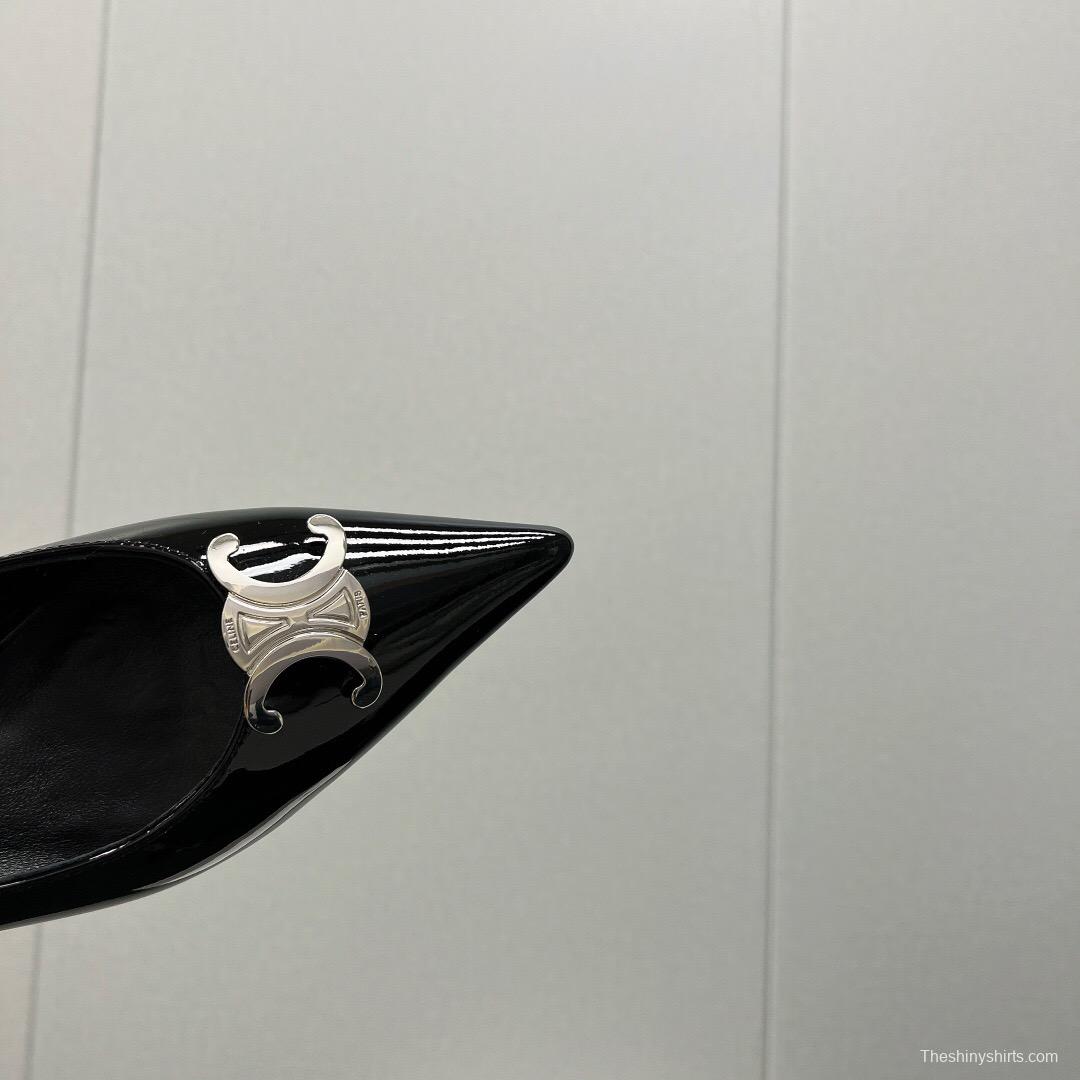 2025 Women Celine Black Patent Leather Pointed Toe Buckle Pumps KFY00290