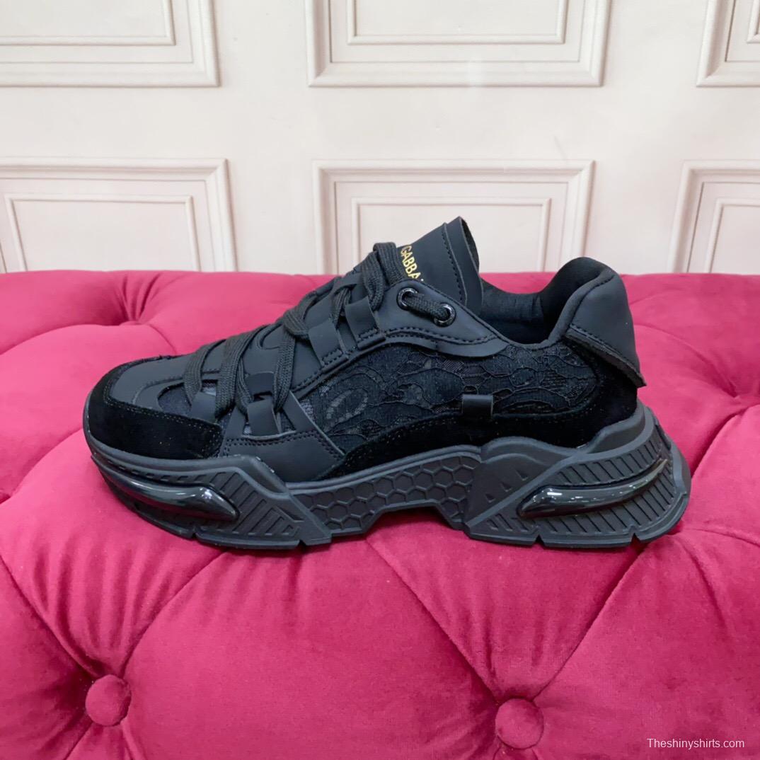 2025 Unisex Dolce & Gabbana Black Mesh Leather Sneakers LY00340