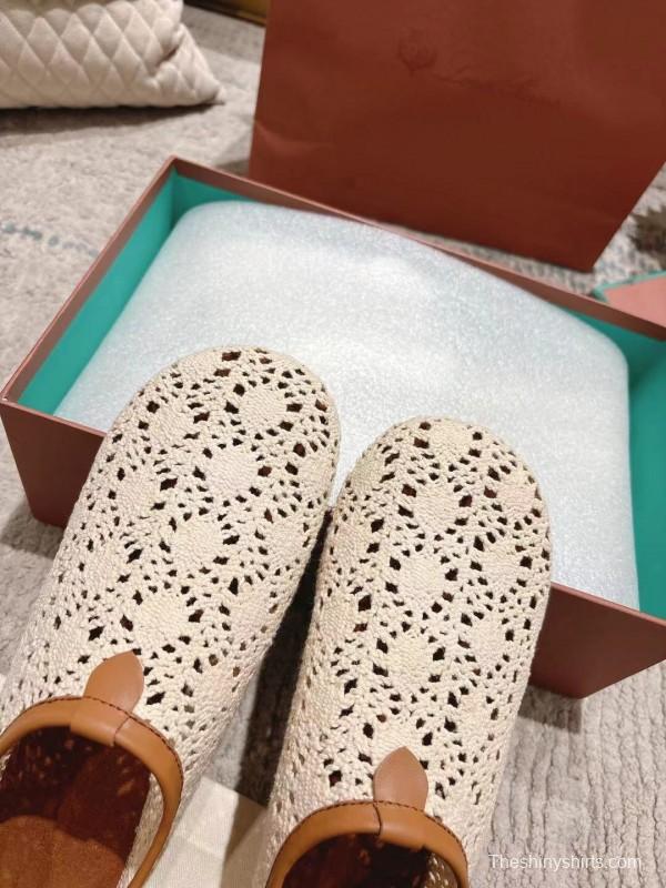 2025 Women LP Beige Brown Leather Crochet Ballet Flats