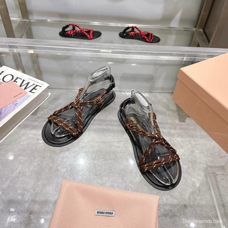 2025 Women Miu Miu Brown Rope Leather Sandals