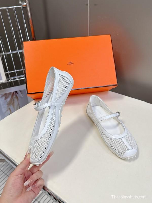 2025 Women Hermès White Leather Mesh Mary Jane KFY00250
