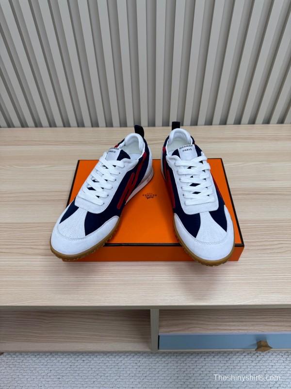 2025 Unisex Hermès White Navy Red Suede Down Fabric Sneakers Top Version LY00310