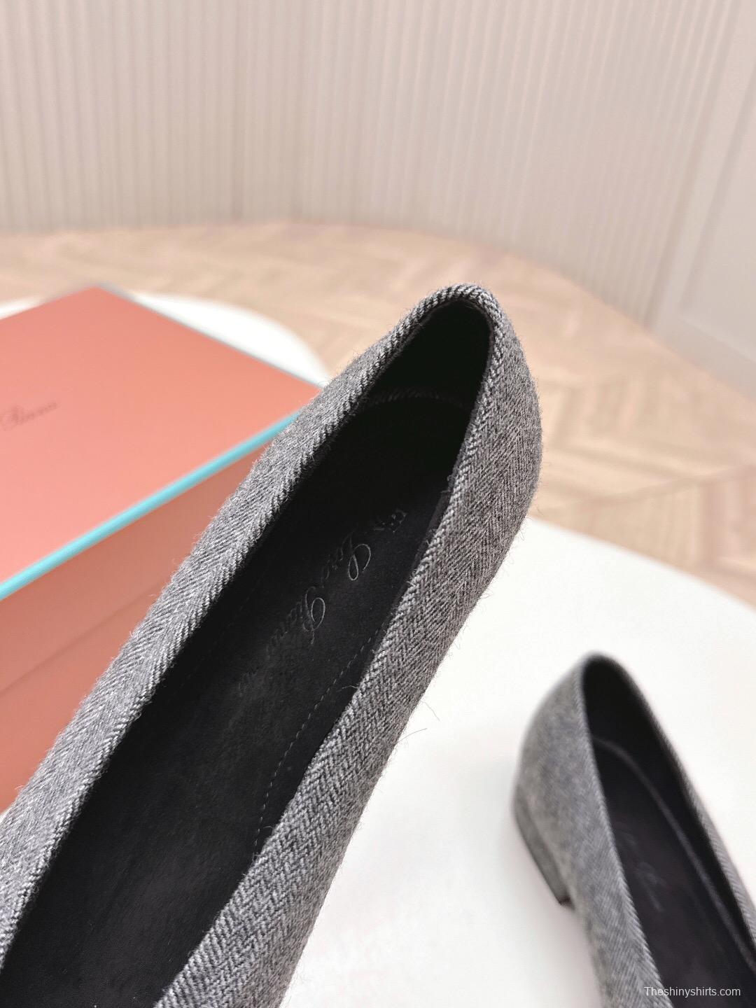 2025 Women LP Grey Black Fabric Leather Pointed Toe Loafers