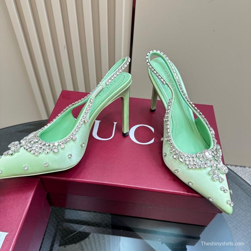 2025 Women Gucci Green Satin Slingback High Heel Crystal Embellished KFY00340