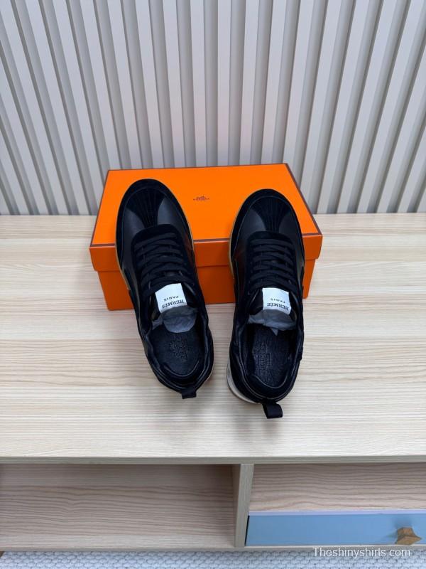 2025 Unisex Hermès Black Brown Suede Goat Leather Down Fabric Sneakers Top Version KFY00300