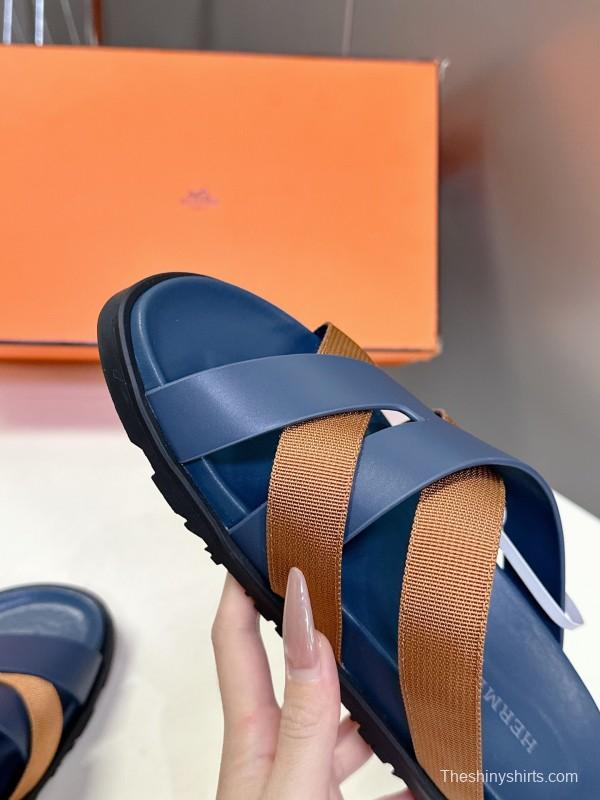 2025 Slippers Hermès Blue Brown Leather Slippers