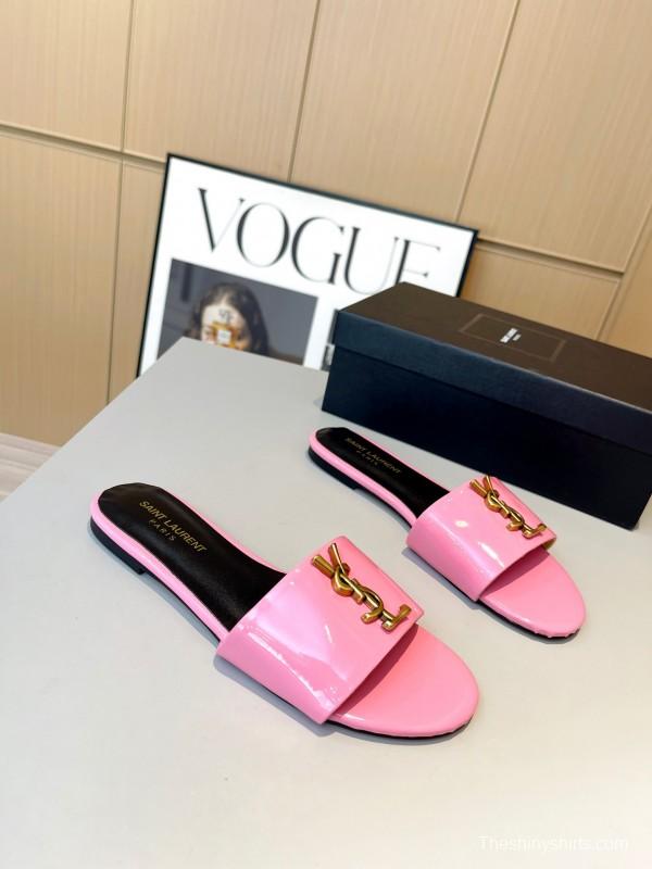 2025 Women Yves Saint Laurent Pink Patent Leather Slippers