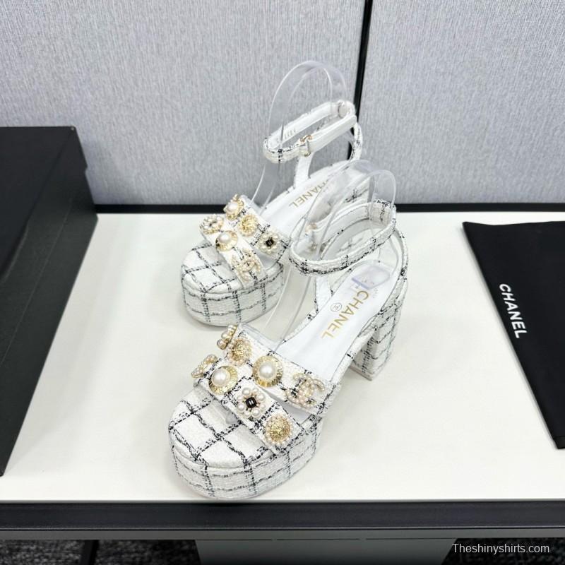 2025 Women Chanel White Black Tweed Platform Sandals