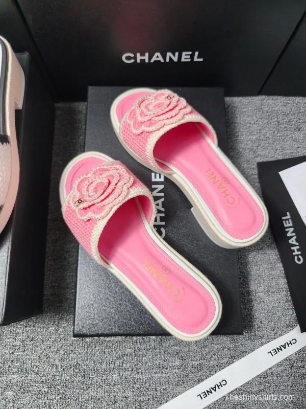 2025 Slippers Chanel Pink Straw Slide Floral LY00360