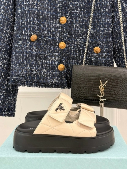 2025 Slippers Prada Beige Leather Magic Tape Platform Thick Sole