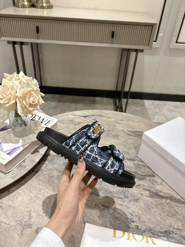 2025 Women Dior Black Blue Fabric Sandals KFY00300