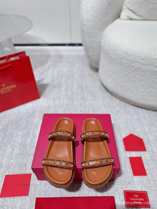 2025 Women Valentino Brown Leather Sandals Rope Braided LY00250