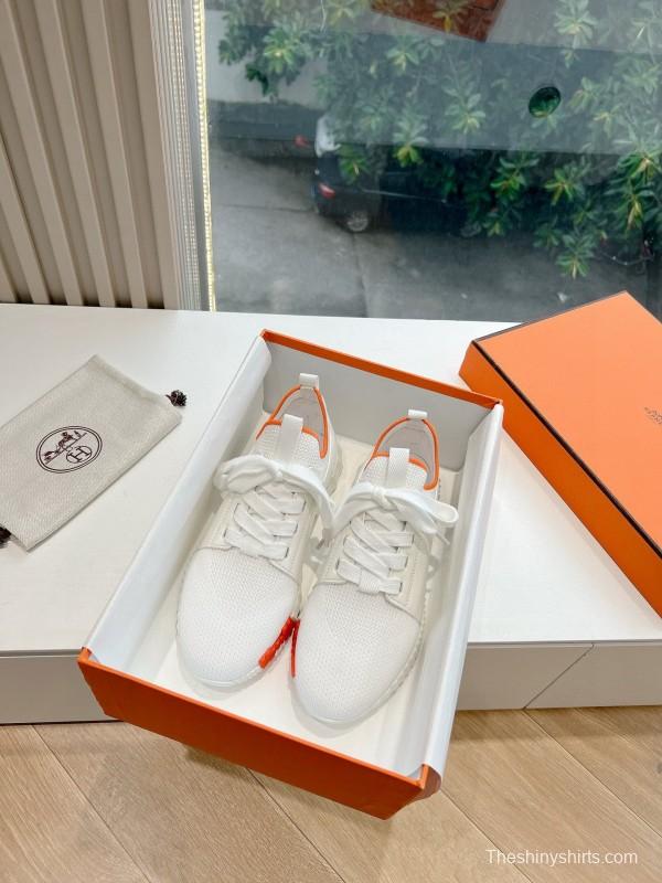 2024 Unisex Hermès white orange knit leather sneakers