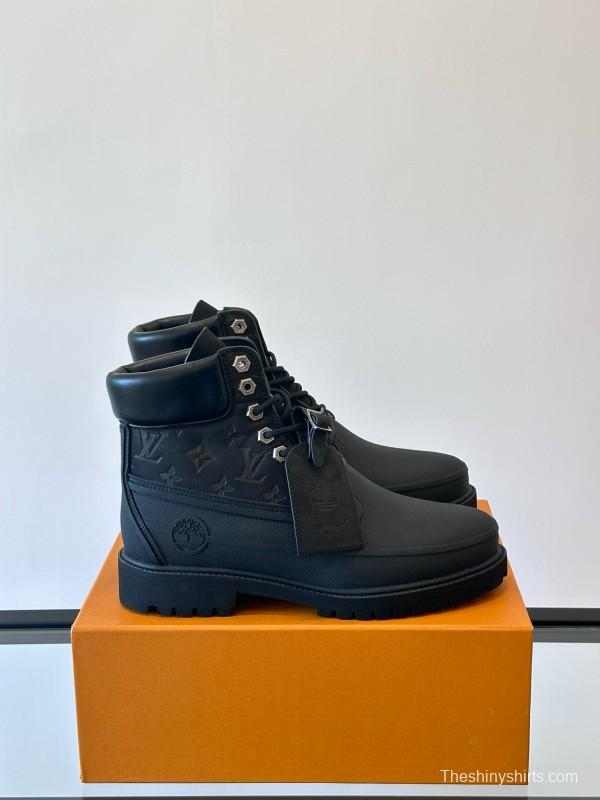 2024 Men Louis Vuitton Black Leather Monogram Work Boots MJ00390