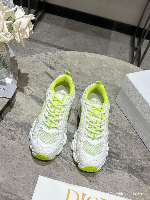 2025 Women Dior White Neon Yellow Mesh Leather Sneakers KFY00370