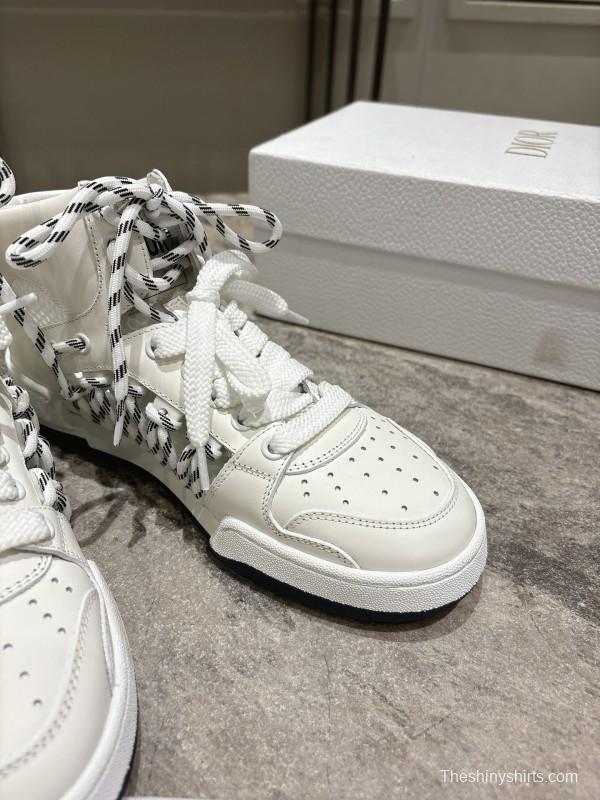 2025 Women Dior White Leather Mesh High-top Sneakers