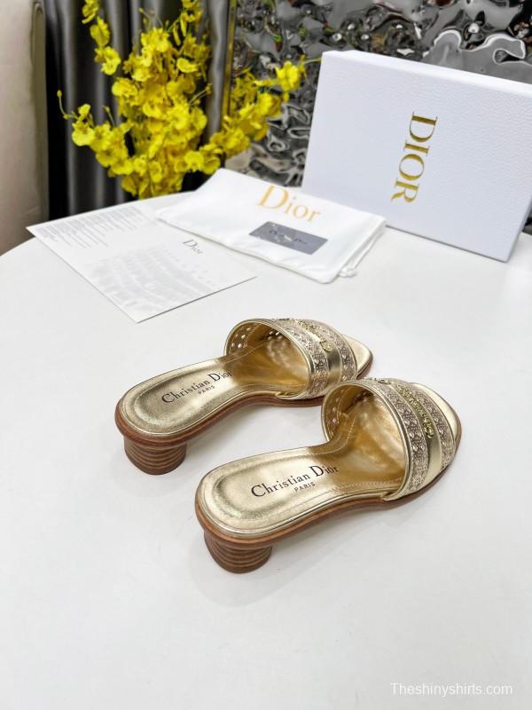 2025 Women Dior Gold Leather Slides