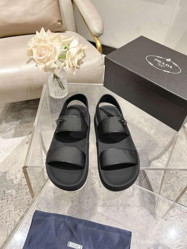 2025 Men Prada Black Leather Sandals KFY00220